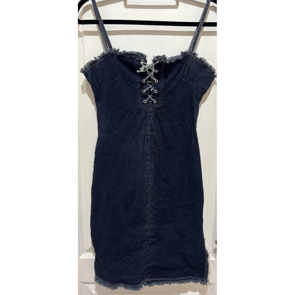 VTG CELLO USA Womens 90s Y2K Denim Dress Blue Fringe Tie Slit Boho Sz Small